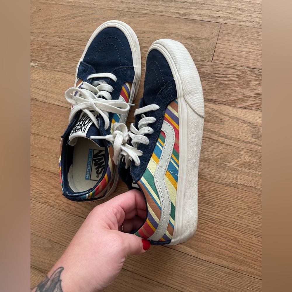 Blue suede vans with rainbow stripes